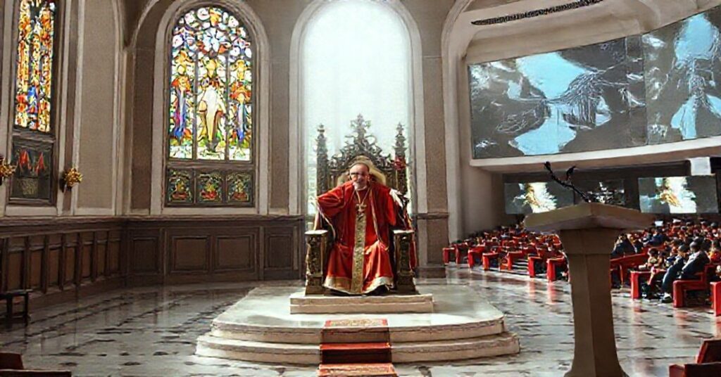 Przedstawienie pustego tronu papieskiego w kaplicy watykańskiej wobec nowoczesnego sympozjum AI z udziałem Leona XIV