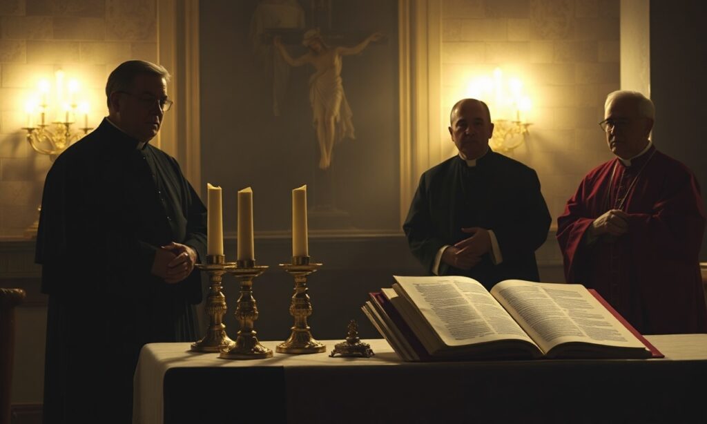 Scena w kaplicy watykańskiej podczas Tradycyjnej Mszy Świętej celebrowanej przez kapłana. W tle widnieje postać Leona XIV (Roberta Prevosta) obserwująca z niepewnością. Obok stoi kardynał Burke, biskup Schneider i kardynał Sarah w modlitewnym nastroju.