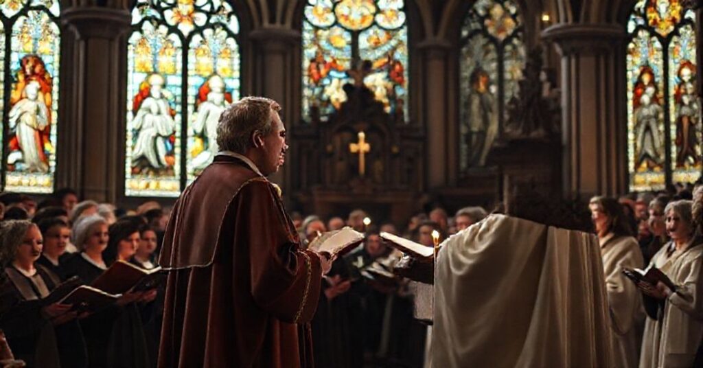 Tradycyjny chór katolicki śpiewający gregoriański chorał w kościele z Leonem XIV w tle