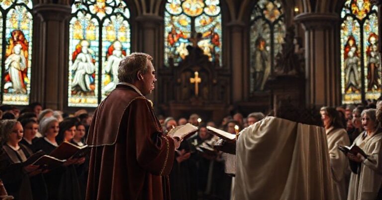 Tradycyjny chór katolicki śpiewający gregoriański chorał w kościele z Leonem XIV w tle