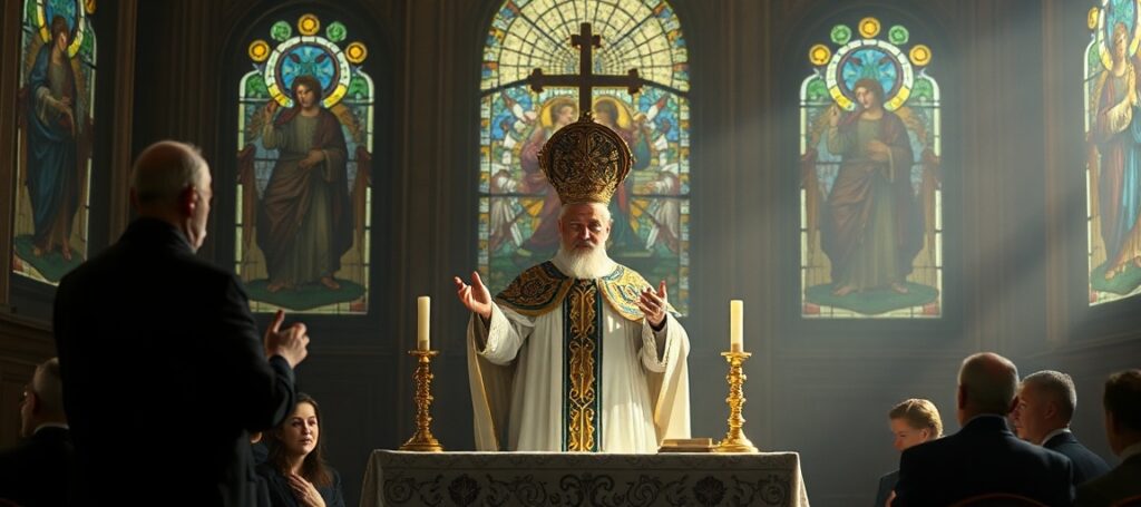 Obraz przedstawiający uzurpatora Leona XIV podczas kazania na Uroczystość Trójcy Przenajświętszej w nowoczesnym stylu pogańskim i modernistycznym.