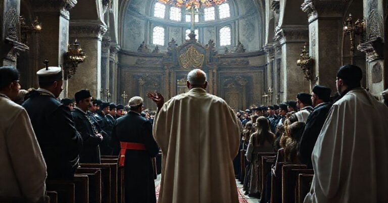 Scena w tureckiej 'katedrze', gdzie fałszywy papież Leon XIV przemawia do modernistycznego duchowieństwa i młodzieży. Otoczony symbolami fałszywego ekumenizmu.