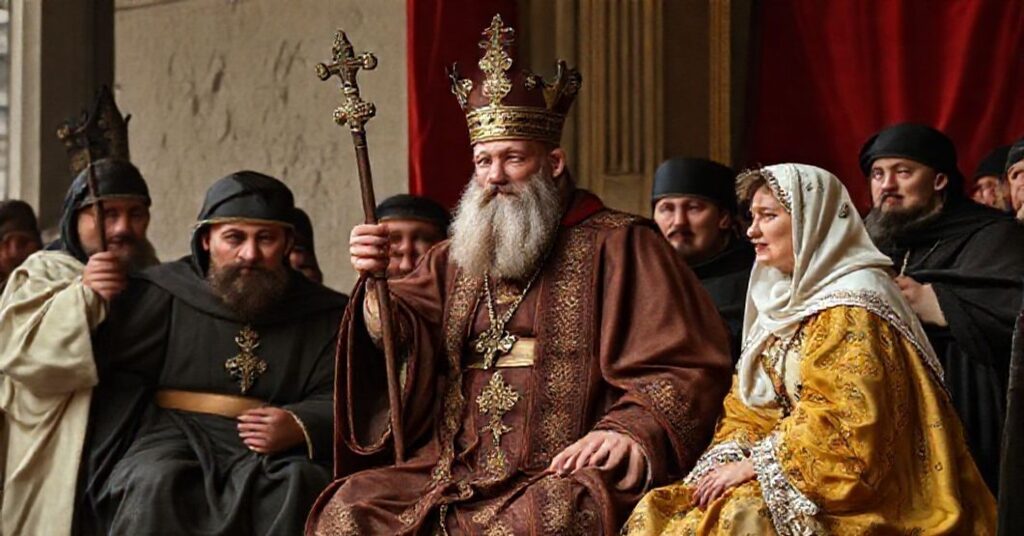 Obraz przedstawiający spotkanie Leona XIV z ukraińską delegacją w Watykanie, ukazujące synkretyzm polityki i pseudo-religijności.