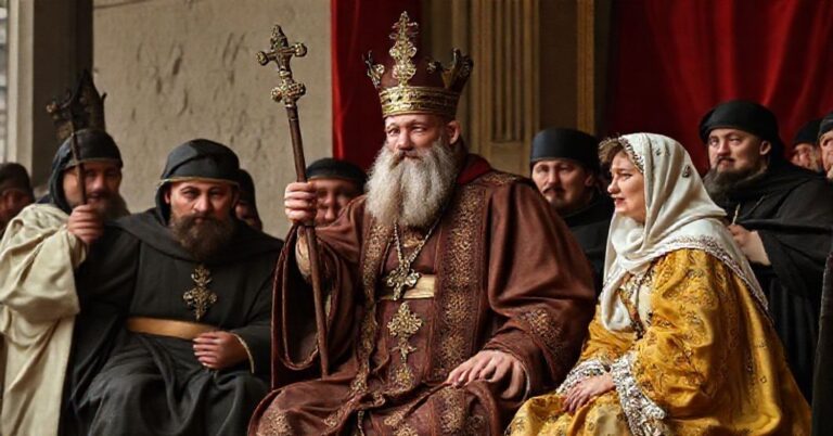 Obraz przedstawiający spotkanie Leona XIV z ukraińską delegacją w Watykanie, ukazujące synkretyzm polityki i pseudo-religijności.