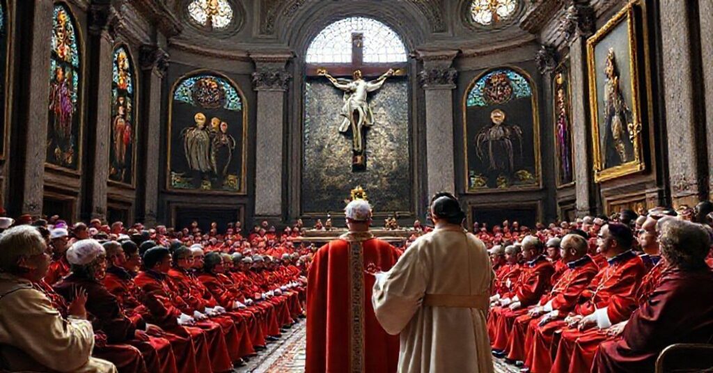 Sala audiencyjna w Watykanie z "Papieżem" Leonem XIV przekazującym utopijne przemówienie o ziemi podobnej do nieba.