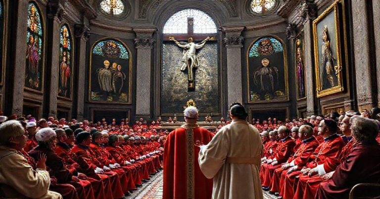 Sala audiencyjna w Watykanie z "Papieżem" Leonem XIV przekazującym utopijne przemówienie o ziemi podobnej do nieba.