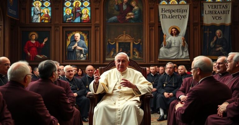 Obraz przedstawiający "Papieża" Leona XIV podczas przemówienia na konferencji w Włoszech na temat uzależnień, krytykującym pornografię i nadużycia internetowe z perspektywy tradycyjnej nauki katolickiej.