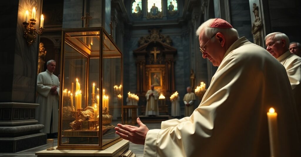 Uzurpator Leon XIV modlący się przed relikwiami św. Augustyna w Pawii – fałszywy papież w złotej bazylice