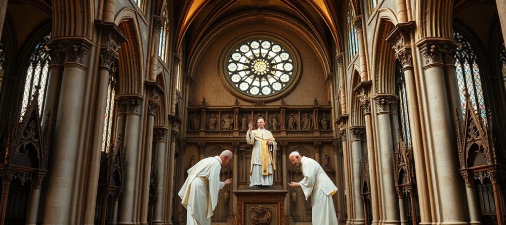 Zdjęcie przedstawiające rzekomą podróż apostolską Leon XIV do Francji w 2026 roku, ukazujące uzurpatora tronu Piotrowego w otoczeniu biskupów neokościoła przed katedrą Notre-Dame w Paryżu.