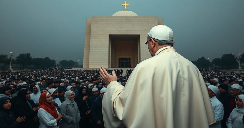 Obraz przedstawiający fałszywego papieża Leona XIV przed kontrowersyjnym pomnikiem „Maqam Echahid” w Algierze. Symbole herezji i światowego pokoju bez Chrystusa.