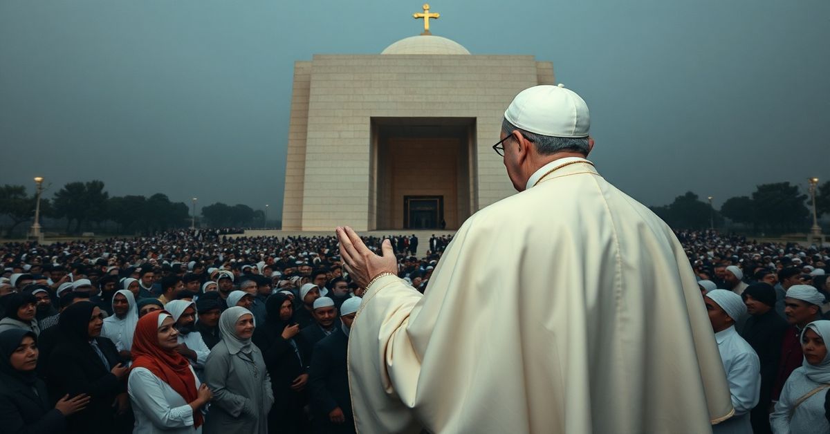 Obraz przedstawiający fałszywego papieża Leona XIV przed kontrowersyjnym pomnikiem „Maqam Echahid” w Algierze. Symbole herezji i światowego pokoju bez Chrystusa.