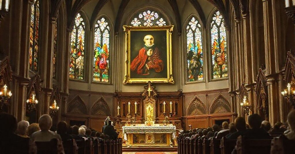 Wewnątrz tradycyjnej katolickiej kaplicy z witrażami przedstawiającymi sceny z Nowego Testamentu, podczas przemówienia "Leona XIV" do grupy Europejskich Konserwatystów i Reformatorów