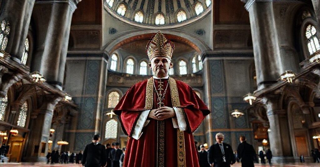 Zdjęcie przedstawiająca Leonem XIV w meczecie Sułtana Ahmeda w Stambule, otoczonego przez turkusowe płytki i minarety.