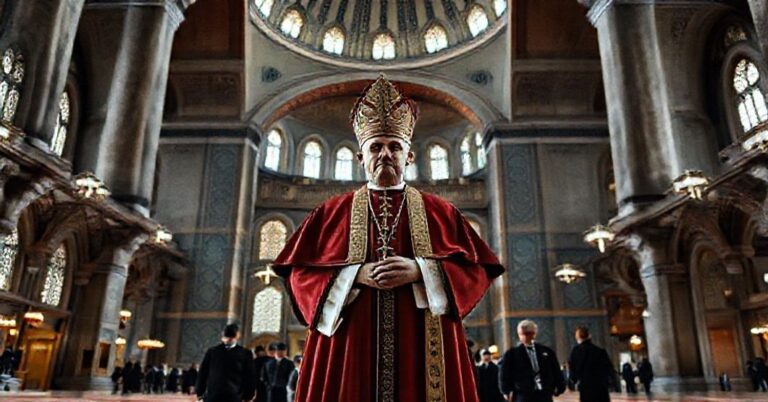 Zdjęcie przedstawiająca Leonem XIV w meczecie Sułtana Ahmeda w Stambule, otoczonego przez turkusowe płytki i minarety.