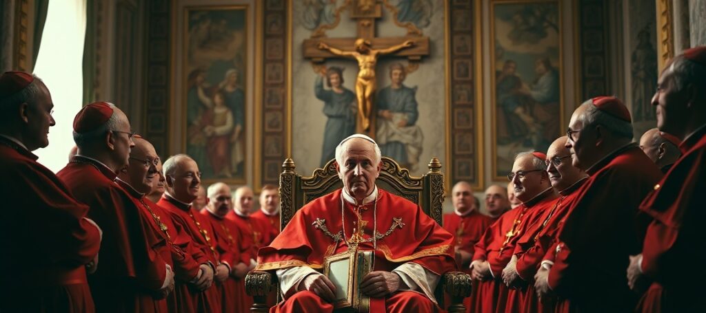 Obraz przedstawiający Leonem XIV w Pałacu Apostolskim otoczonego kardynałami w tradycyjnych szatach czerwonych. Scena jest oświetlona naturalnym światłem z okna Watykanu.