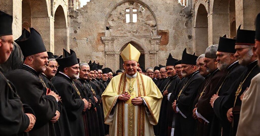 Obraz przedstawiający kontrowersyjną wizytę Leona XIV w Turcji w tradycyjnym katolickim stylu.