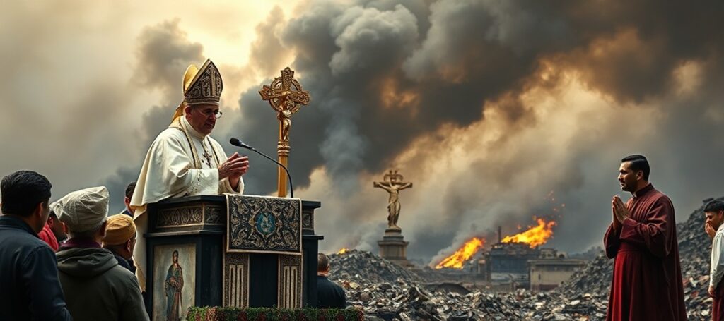 Urzurpator Leon XIV w regionie 'Terra dei Fuochi' w Acerra, otoczony zaniepokojonymi rodzinami i duchownymi w tradycyjnych szatach. W tle widoczne są dymiąca hałda odpadów i symboliki modernistycznej.