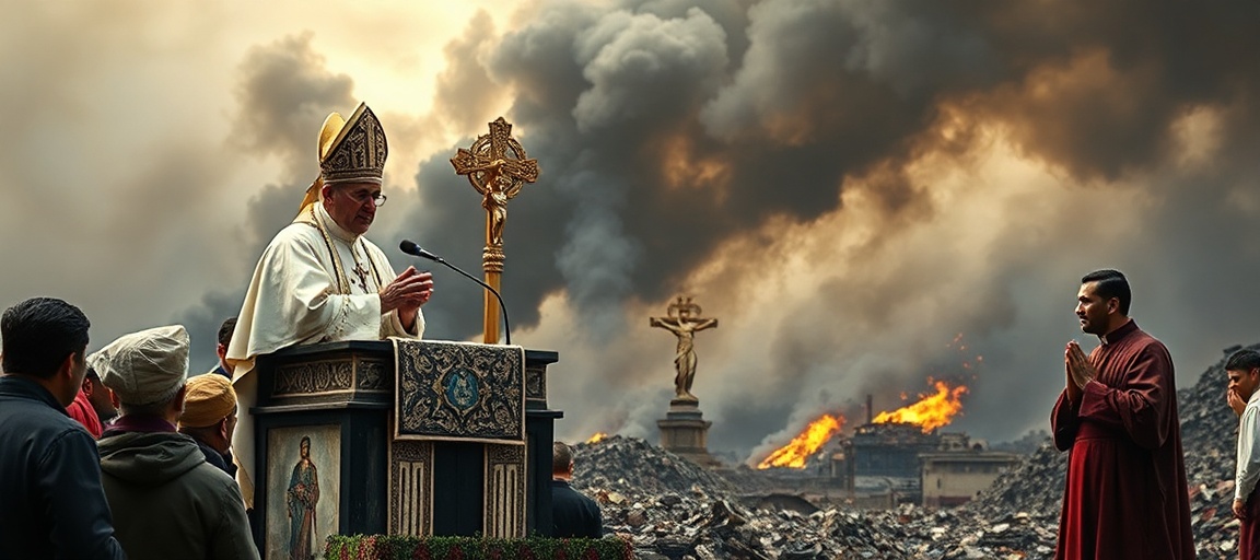Urzurpator Leon XIV w regionie 'Terra dei Fuochi' w Acerra, otoczony zaniepokojonymi rodzinami i duchownymi w tradycyjnych szatach. W tle widoczne są dymiąca hałda odpadów i symboliki modernistycznej.