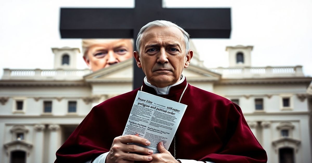 Portret Leon XIV w papieskich szatach przed Watykanem z treścią polityczną.