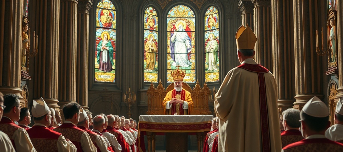 Obraz przedstawiający uroczystość Zesłania Ducha Świętego z figurą Leona XIV w stroju papieskim przed zgromadzeniem wiernych w katedrze.