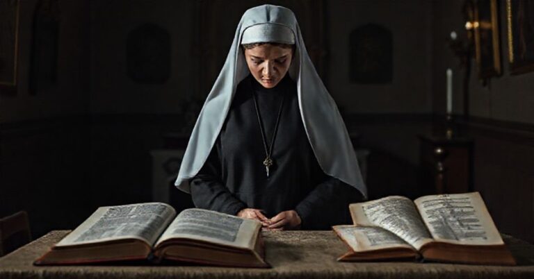 Portret siostry Leoni Nastał w tradycyjnym habitach w kaplicy z księgą prywatnych objawień i tłumaczeniem Pascendi Dominici Gregis na stole.