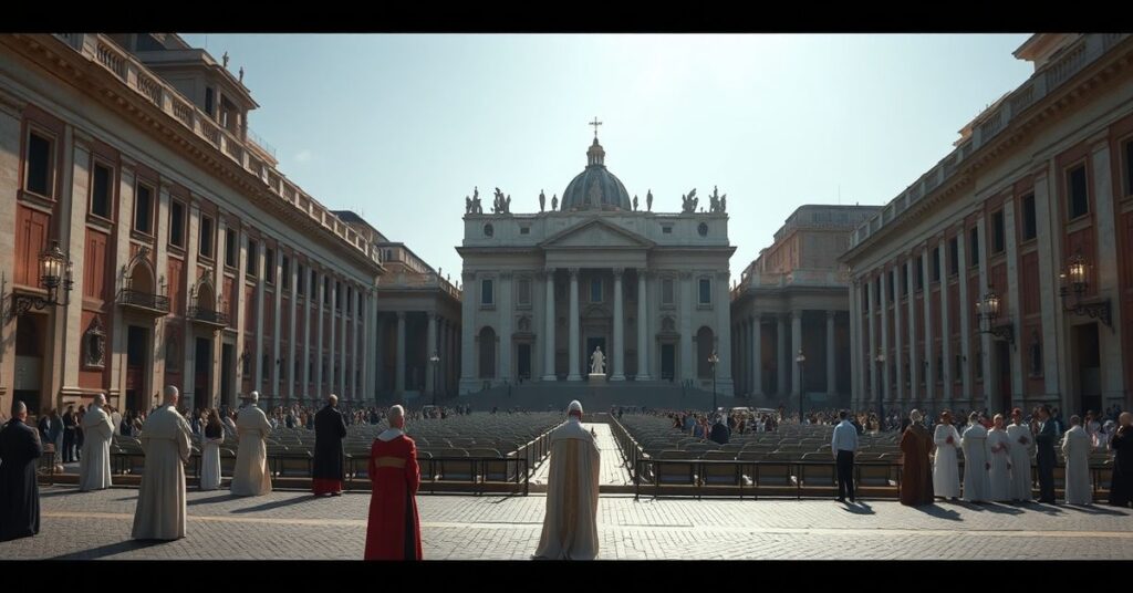 Pusty Plac św. Piotra w Rzymie w 2026 roku z postacią Leo XIV na balkonie papieskim.