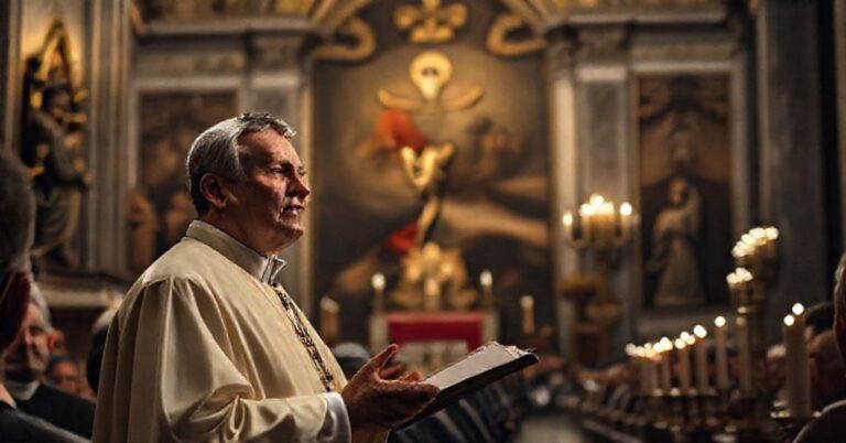 Robert Prevost ("Leon XIV") podczas modlitwy Anioł Pański w kaplicy watykańskiej, z elementami tradycji katolickiej w tle.