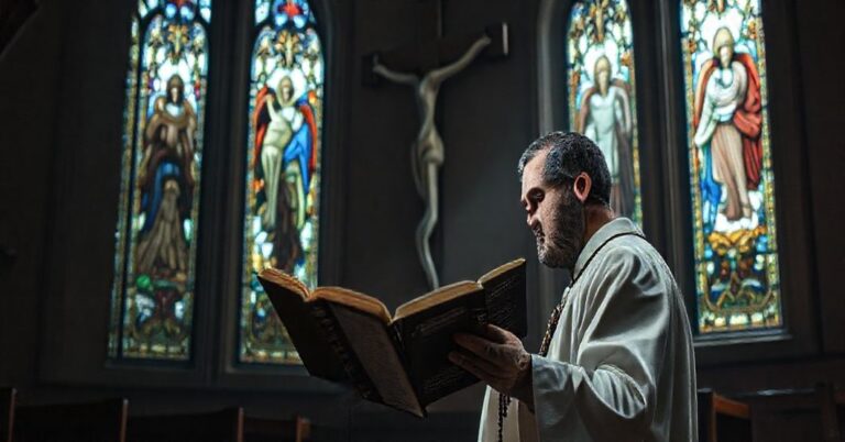 Tradycyjny obraz katolicki przedstawiający zmartwionego wiernego z modlitewnikiem i różańcem przed krzyżem w kaplicy. Tło z witrażami ukazującymi Chrystusa Króla kontrastuje z błędną nowoczesną interpretacją.