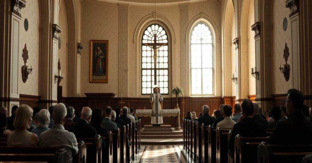 Wnętrze tradycyjnego kościoła katolickiego w Monako z ołtarzem bez hostii i krzyżem Jezusa Chrystusa.