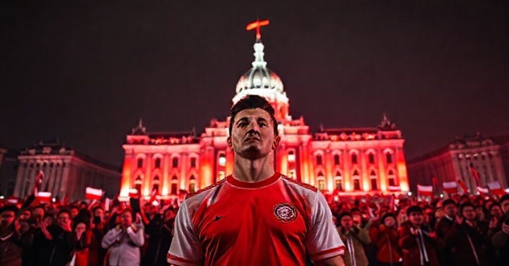 Robert Lewandowski przed Empire State Building ozdobionym biało-czerwonymi barwami na Święto Niepodległości bez odniesienia do Chrystusa Króla