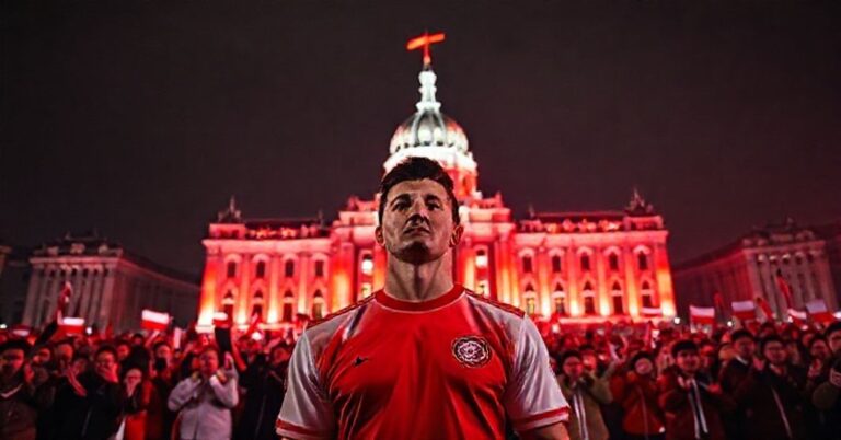 Robert Lewandowski przed Empire State Building ozdobionym biało-czerwonymi barwami na Święto Niepodległości bez odniesienia do Chrystusa Króla