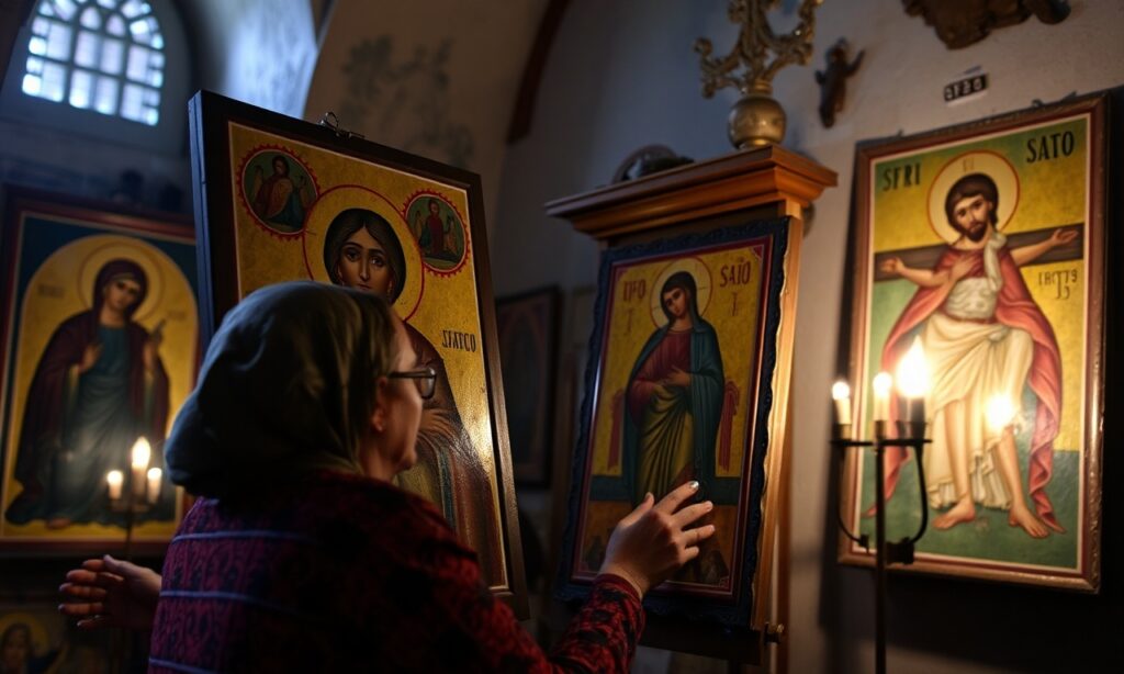 Ikona przedstawiająca syryjską artystkę Lia Snayej restaurującą ikony w tradycyjnym kościele katolickim w Syrii.