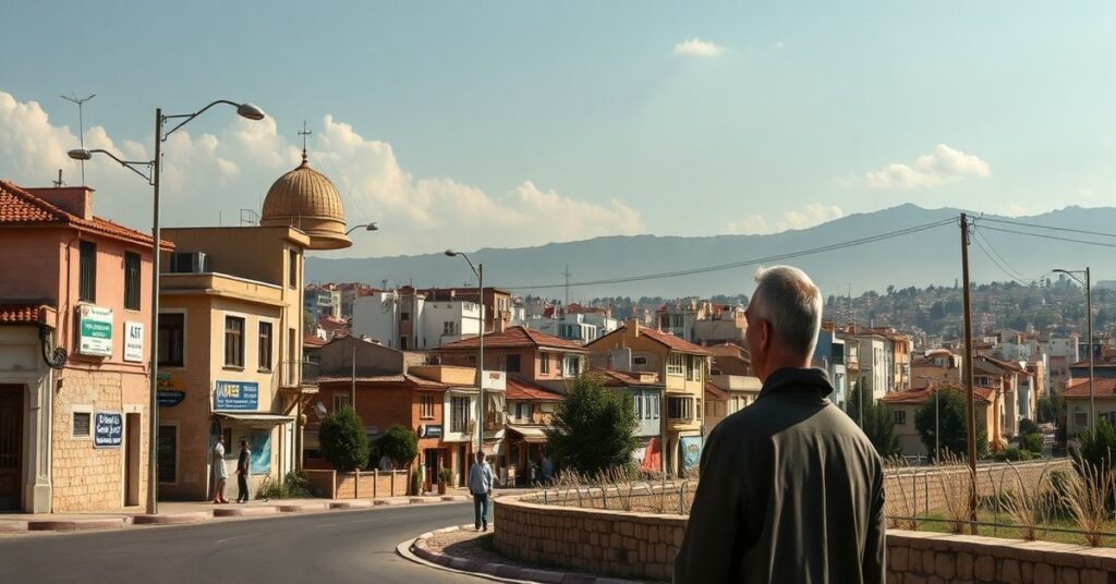 Zdjęcie przedstawiające zniszczone ulice Bejrutu w Libanie z rozpaczającymi ludźmi, ruinami i dymem w tle.
