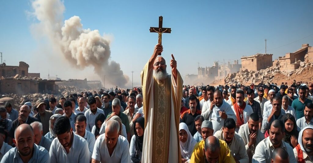 Grupa chrześcijan w Libanie modląca się z kapłanem podczas izraelskiego nalotu