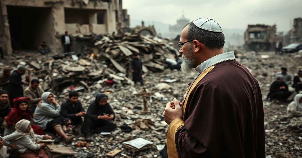 Na zdjęciu uciekinierzy z Libanu w zniszczonym mieście modlą się z księdzem w tradycyjnym stroju katolickim trzymającym krzyż. Scena podkreśla duchową pustkę humanitaryzmu bez Chrystusa Króla.