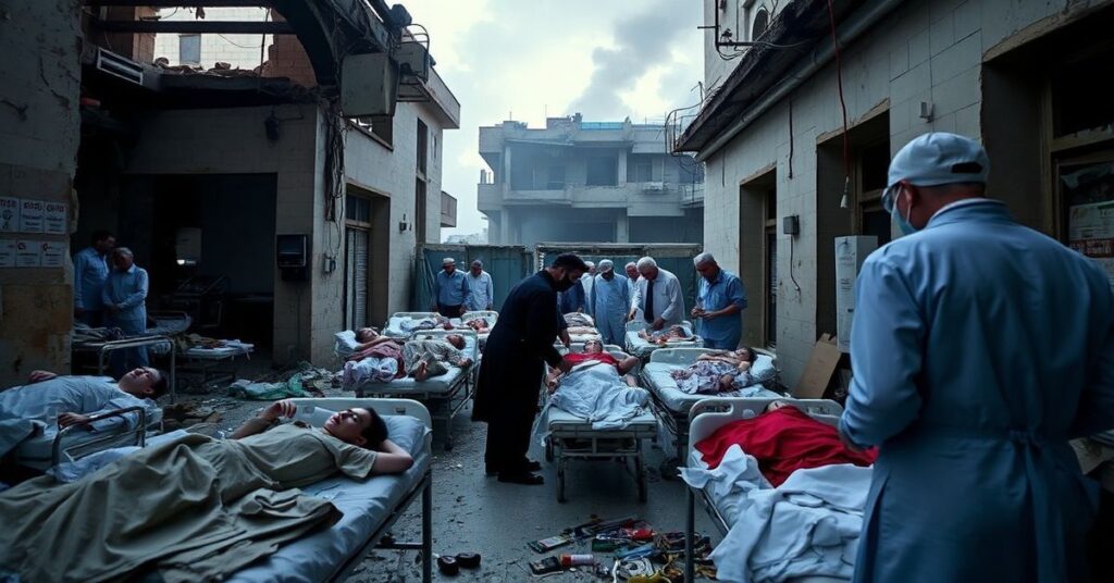 Zdjęcie przedstawia szpital Rafika Haririego w Bejrucie po izraelskich nalotach w 2026 roku. Wewnątrz lekarze bez granic udzielają pomocy ranym cywilom, w tym dzieciom. Scena jest dramatem ludzkiego cierpienia bez odniesienia do duchowych aspektów.