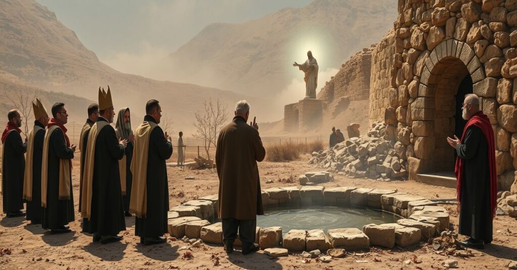 Tradycyjni chrześcijańscy przywódcy modlący się obok wyschniętego studziennego w Libanie jako alegoria duchowego kryzysu