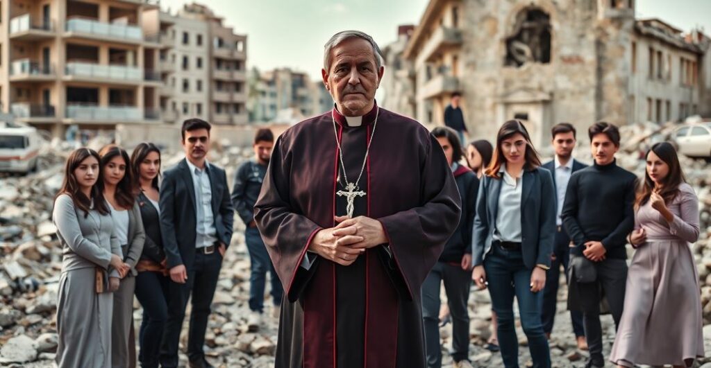 Katolicki książ w tradycyjnych szatach stojący w ruinach eksplozji w porcie w Bejrucie, otoczony młodymi w świeckiej odzieżą, trzymający krzyż. Wyrazy twarzy młodych wyrazem wątpienia i pustki.