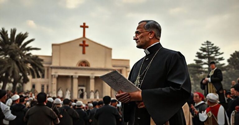 Tradycyjny katolicki ksiądz w sutannie stoi przed libańskim budynkiem rządowym z maronickim krzyżem, sunnickim półksiężycem i szyicką gwiazdą na elewacji. Symbolizuje to fałszywy ekumenizm libańskiego systemu religijnego. Ksiądz trzyma kopię encykliki Piusa XI Quas Primas.