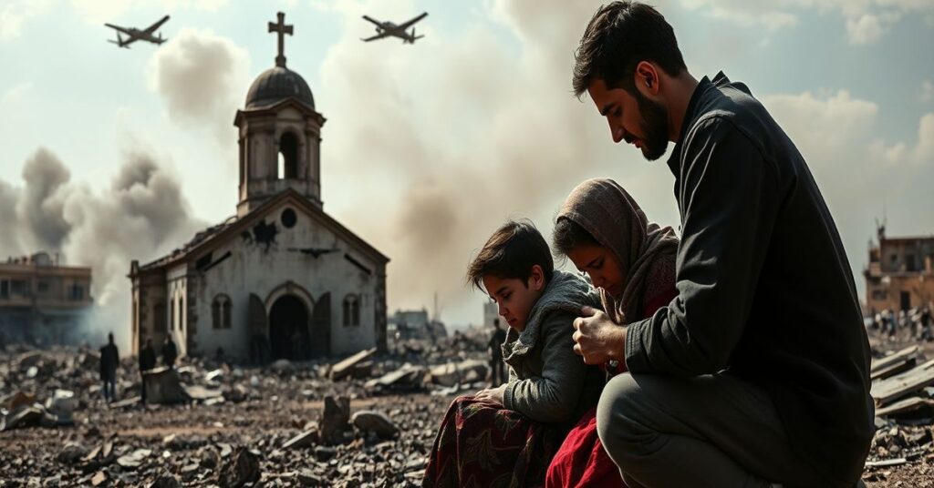 Rodzina libańskich chrześcijan modli się w ruinach kościoła po bombardowaniach w Libanie.