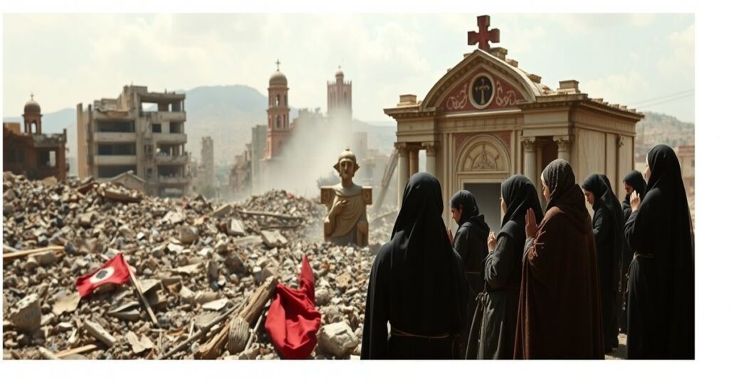 Grupa chrześcijan w libańskiej świątyni modli się wśród ruin Bejrutu