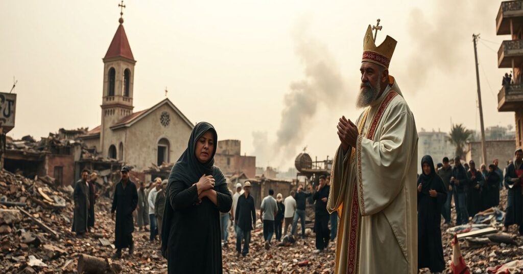 Scena katolicka przedstawiająca zniszczenia w Libanie z tradycyjnym kościołem w tle i grupą ratujących się ludźmi