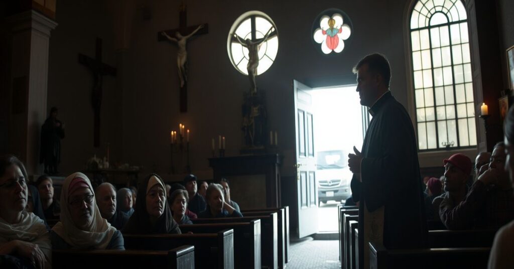 Wnętrze kościoła św. Józefa w Tyrze w Libanie podczas konfliktu w 2026 roku. Przerażeni cywile szukają schronienia na ławkach kościelnych. O. Toufic Bou Merhi w habicie franciszkańskim stoi przy ołtarzu podczas modlitwy.