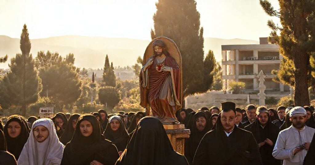 Tradycyjna katolicka procesja w Libanie z rzeźbieniem Najświętszego Serca Jezusa, otoczona przez wiernych w tradycyjnych strojach