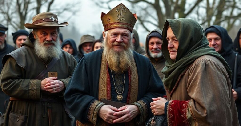 Portret "ojca" Tony'ego Eliasa podczas rzekomej mszy świętej w libańskiej wiosce Rumajsz z tłem zniszczeń wojennych