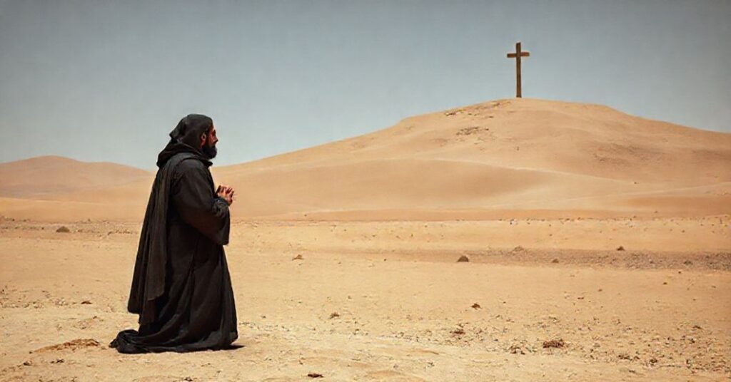Sobór Libański: pustelnia szwajcarskiego mnicha w tradycyjnym habitcie w pustyni