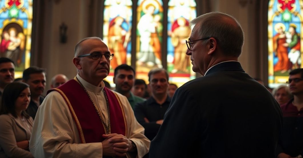 Kapelan w tradycyjnych szatach liturgicznych stoi przed grupą zmartwychwstałych chrześcijan libańskich, ich twarze wyrazem troski. Wnętrze kościoła oświetlone przez witraże przedstawiające sceny męczeństwa.