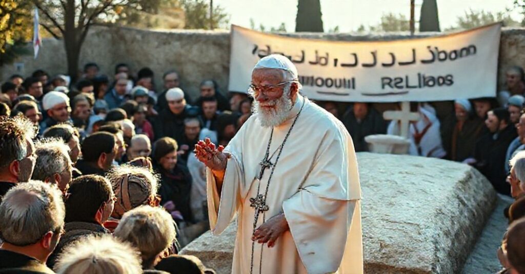 Staruszek w białej papieskiej szacie stoi przy grobie rzekomego "św. Szarbela" w Libanie otoczony tłumem adoratorów. Scena jest przepojona naturalnym światłem, a fałszywy papież gestykuluje w kierunku zgromadzonych. Tło zdobi ekumeniczny transparent z napisem "Braterstwo między Religiami". Wszyscy wyrażają pokorę i religijne zachwyt.