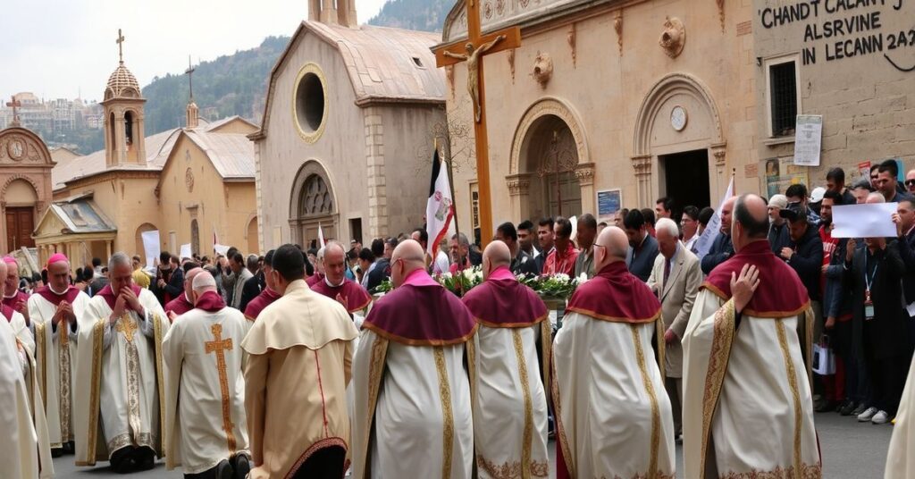 Pielgrzymka katolicka w Libanie z biskupami w tradycyjnych szatach modlącymi się o pokój