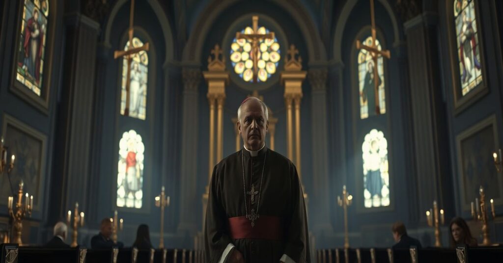 Libero Milone przed ołtarzem w tradycyjnym kościele katolickim symbolizującym duchową ruinę struktur watykańskich.